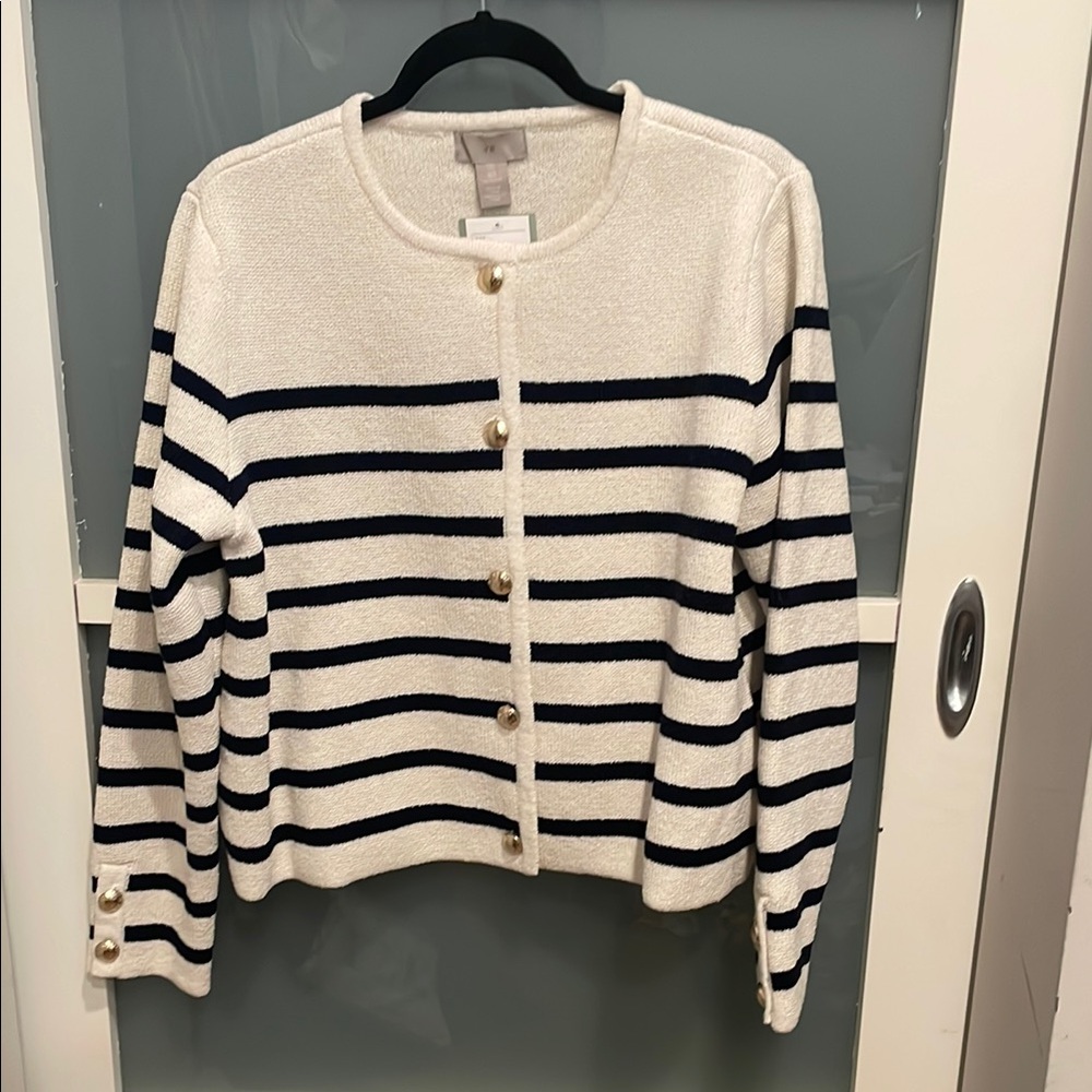 H&M White and Navy Striped Cardigan Sweater with Gold Buttons, L, NWT